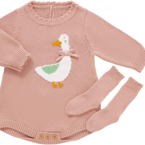 Cotton baby knitted romper and socks set.